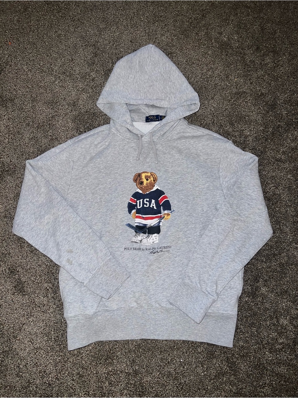 Polo Ralph Lauren Polo Bear Hoodie USA Hockey Gray Mens Size Large Olympics